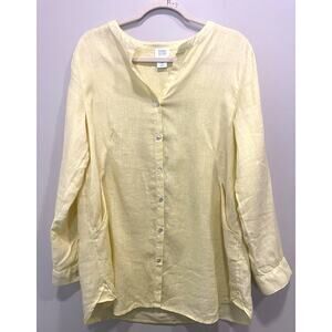Sigrid Olsen Linen Women Sz Large Buttton Up Tunic Yellow Front 2 Pockets